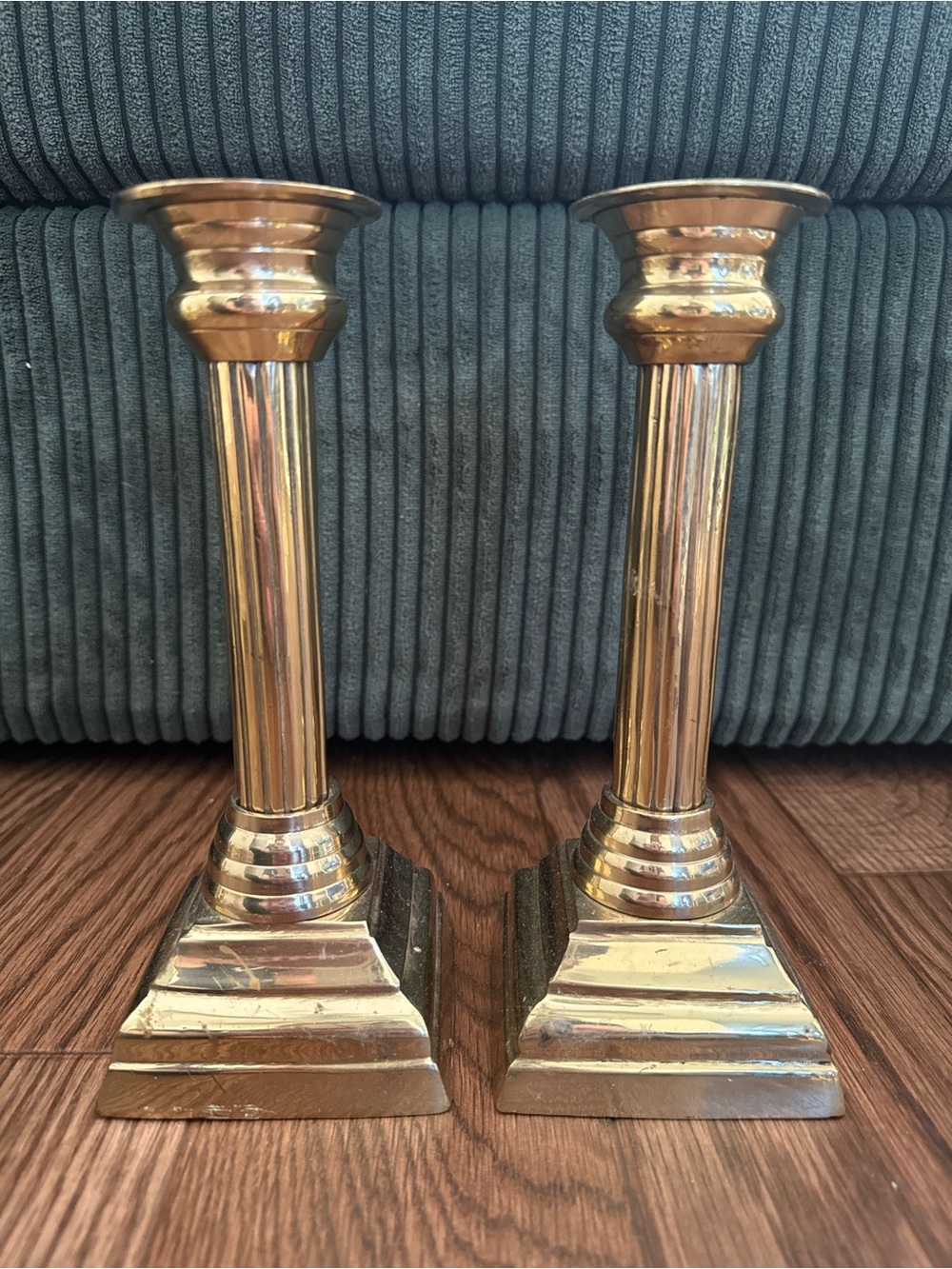 Brass Column Candlestick Pair - Gold Toned Home Accents